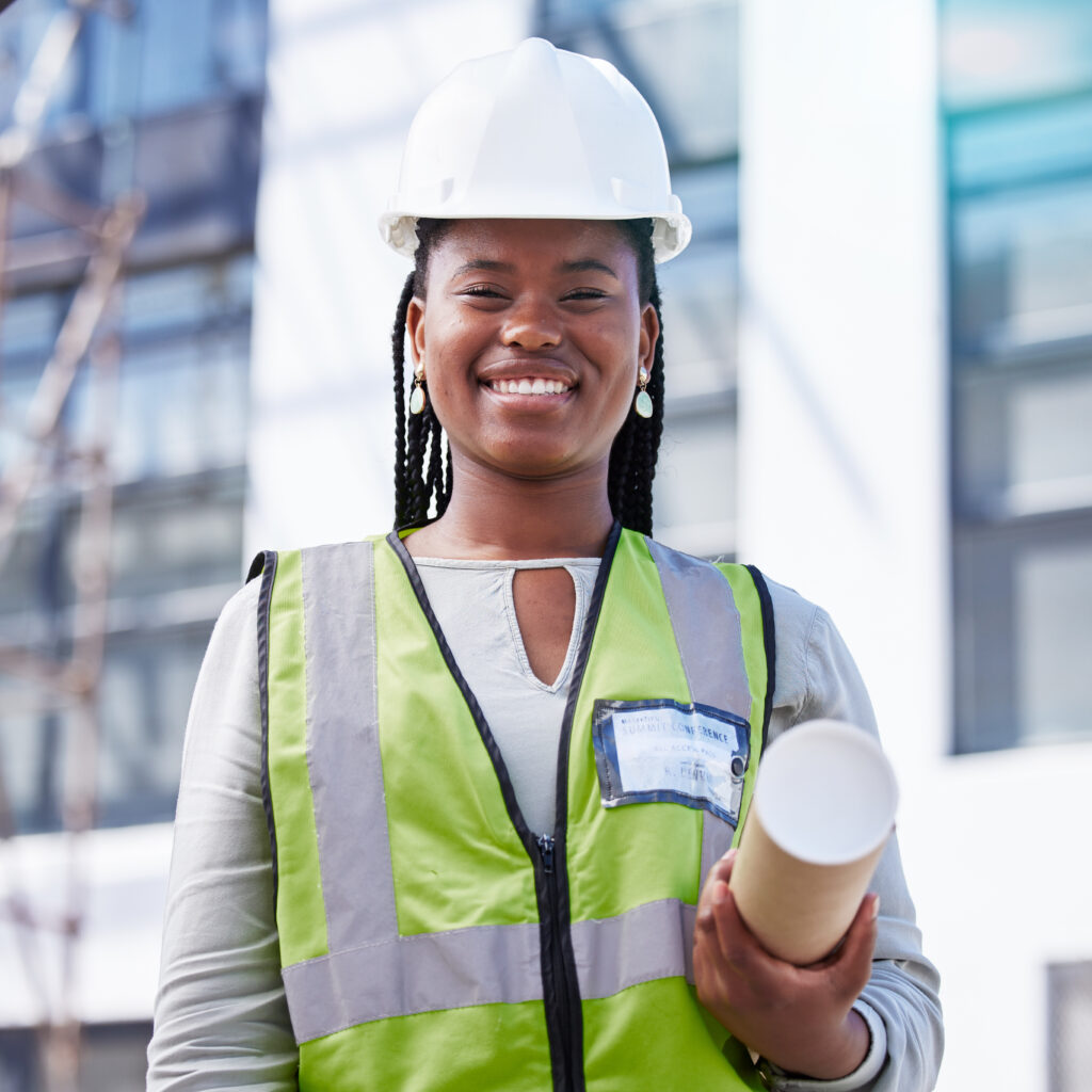 Architecture, project management and portrait of black woman at construction site for civil enginee